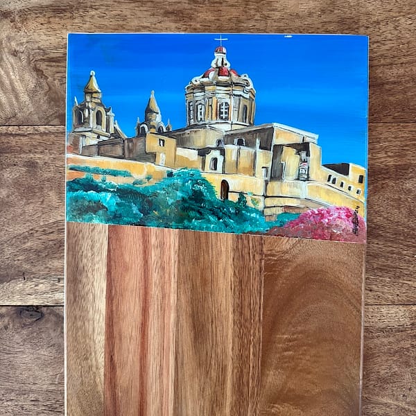 Painting hand Painted Mdina Malta church Charcuterie Oak Wood Board 33 x 20cm