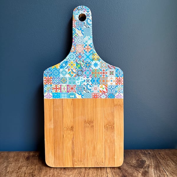 Bright Blue Mix Tile Painted Effect Charcuterie Bamboo Thick Paddle Wood Board H2 x W18 x D35cm