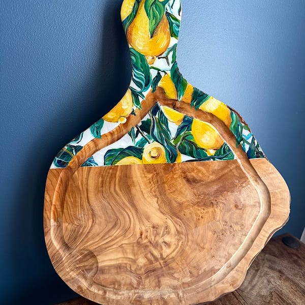 Hand Painted Lemons Charcuterie Jus Groove Olive Wood Board 40cm