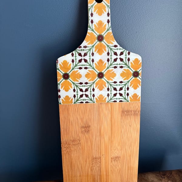 Yellow Flower Tile Painted Effect Charcuterie Bamboo Thick Paddle Wood Board H2 x W18 x D45cm
