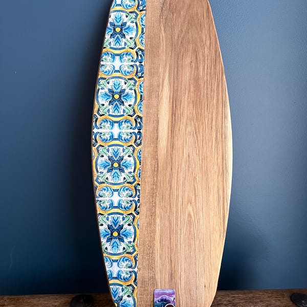 Blue Spanish Tile Painted Effect Rustic Charcuterie Acacia Wood Board H2 x W52 x D20cm