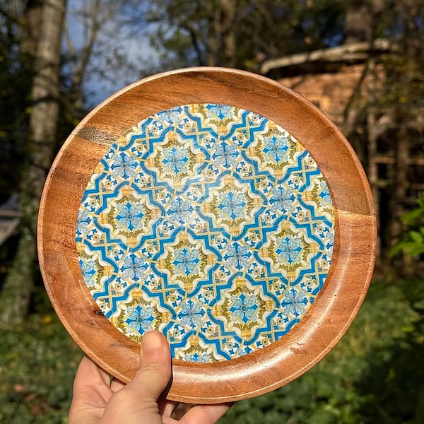 Portuguese Green Yellow and Blue Tile effect Acacia Plate 16cm One