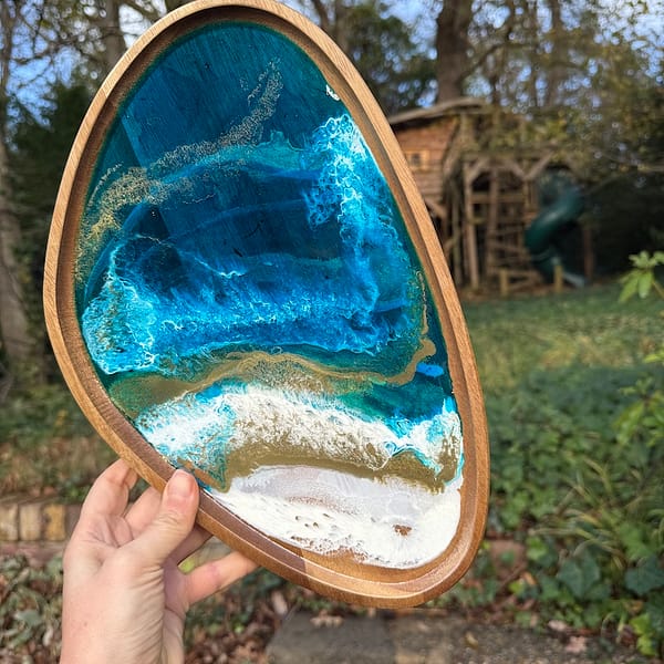 Wave Blue Painted Wave Acacia Wood Droplet Tray 33x19cm