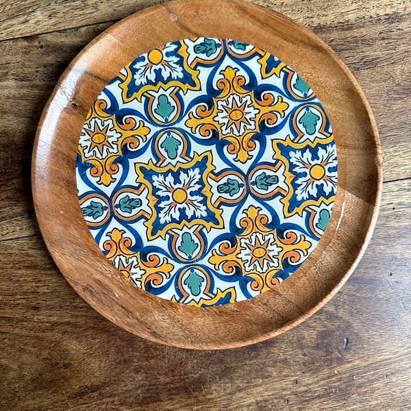 Blue and Yellow Spanish Tile effect Acacia Plate 16cm One