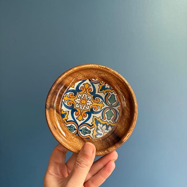 Blue and Yellow Spanish Tile effect Snack Bowl Monkey Pod Salad bowl One