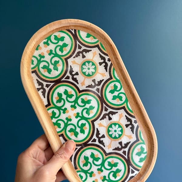 Nanna Red and Green Tile Painted Effect Beech Wood Oval Tray 28x15cm
