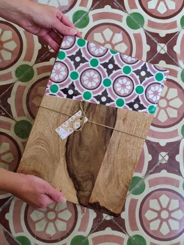 Pink and Green Tile Patterned Tile Effect Charcuterie Acacia Wood Board 34x24 cm