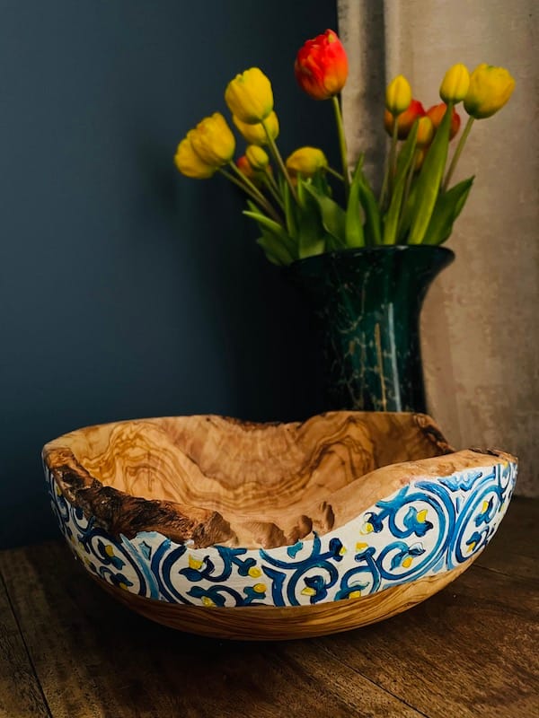 Nanna Blue Hand Painted MaltaTile Olive Wood Salad Bowl Christmas, Mothers Day Fathers Day Wedding Gift - Image 8
