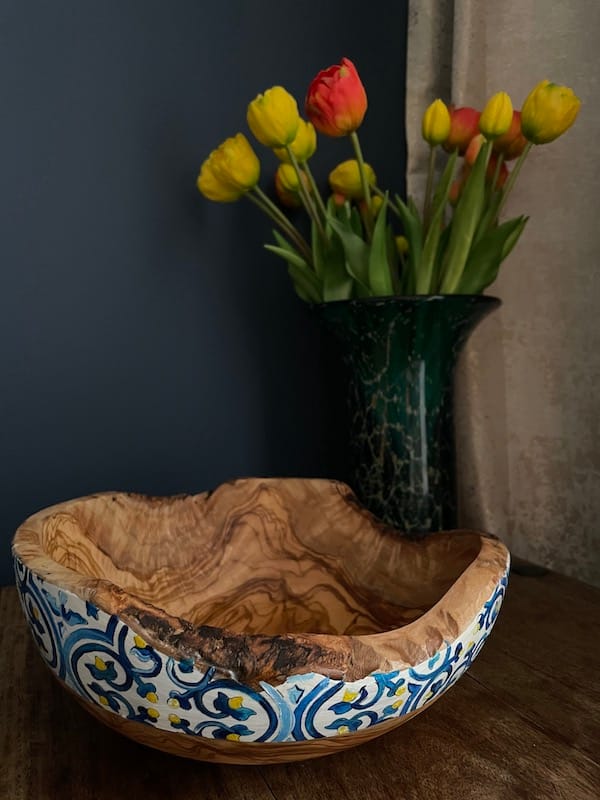 Nanna Blue Hand Painted MaltaTile Olive Wood Salad Bowl Christmas, Mothers Day Fathers Day Wedding Gift - Image 9