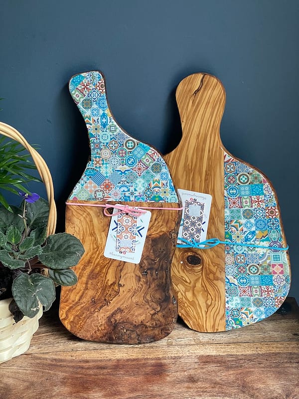 Handle Turquoise Mix Tile Painted Effect Charcuterie Olive Wood Board 40 cm Approx - Image 2