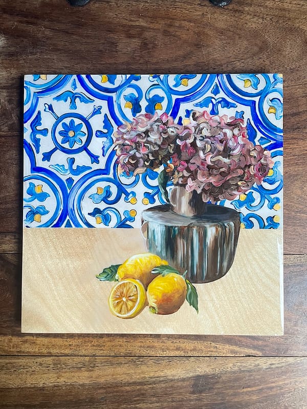 Painting Hand Painted Still life and Painted Tile Wood hanging Board 25 x 25 cm - Image 2