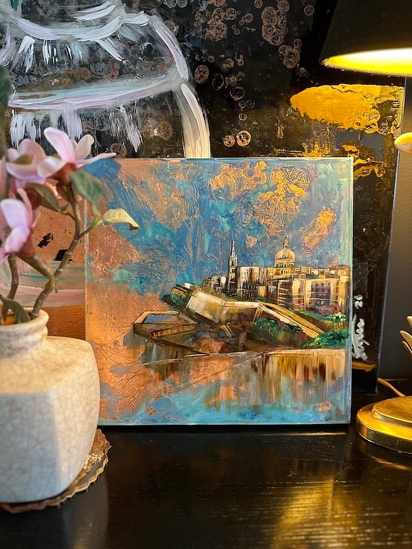 Painting Hand Painted Valletta and Copper Leaf Wave Wood hanging Board 30.5 x 30.5 x 2.2 cm - Image 2