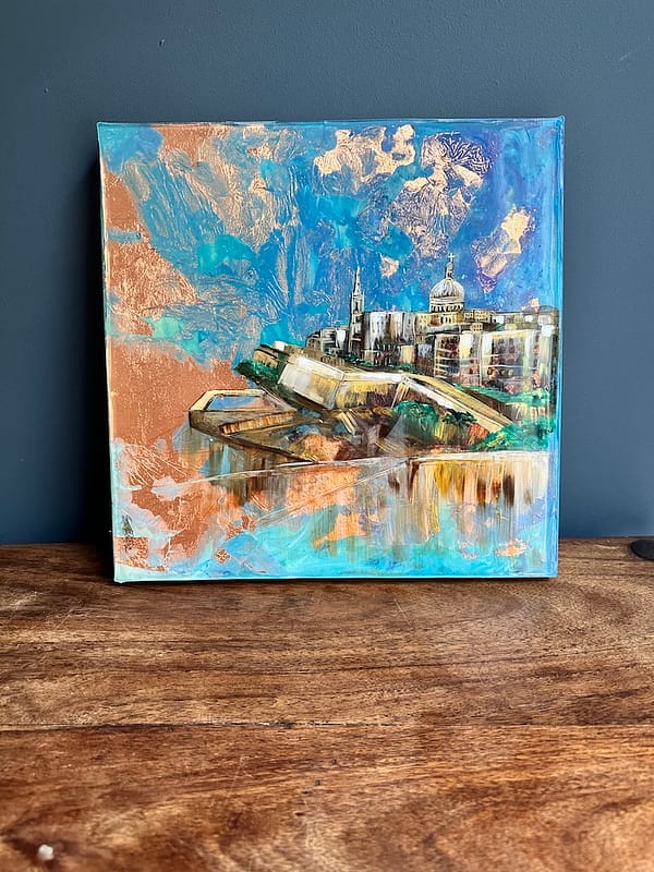 Painting Hand Painted Valletta and Copper Leaf Wave Wood hanging Board 30.5 x 30.5 x 2.2 cm - Image 3