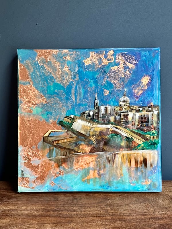 Painting Hand Painted Valletta and Copper Leaf Wave Wood hanging Board 30.5 x 30.5 x 2.2 cm