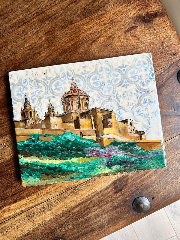 Painting Hand Painted Mdina and Tile Wood hanging Board 20x 25cm - Image 3