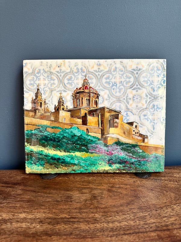 Painting Hand Painted Mdina and Tile Wood hanging Board 20x 25cm