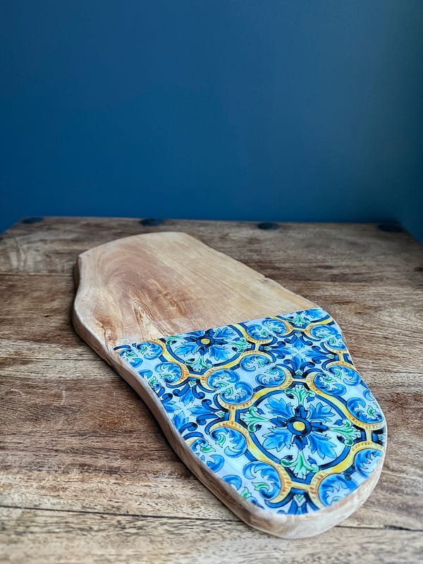 Blue Spanish Patterned Tile Effect Charcuterie Rustic Grain Olive Wood Board 40 cm Approx - Image 3