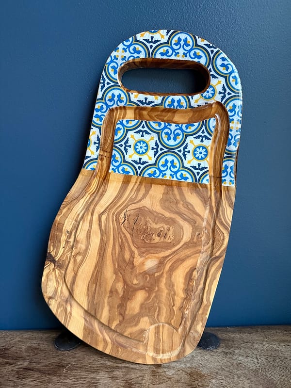 Nanna Blue TILE PAINTED EFFECT CHARCUTERIE Rustic Olive wood Board with Jus handle hole 35cm approx