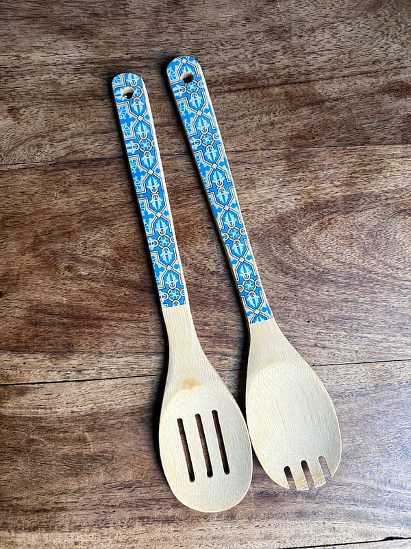 Leaf Cross sky Tile Bamboo Salad Utensils Pair