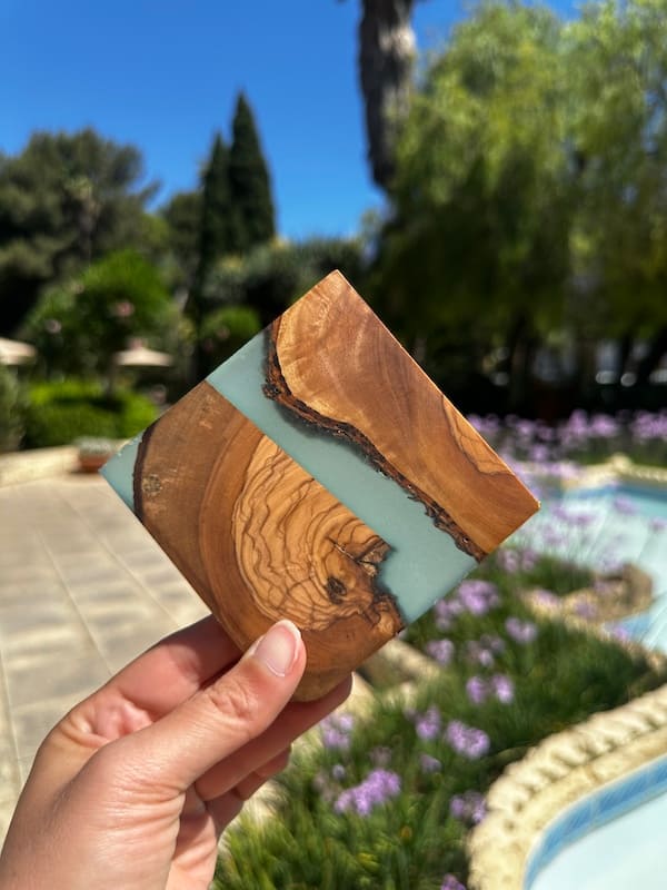 Wave Teal Wave Sea Painted Top Grain Olive Wood Coaster One