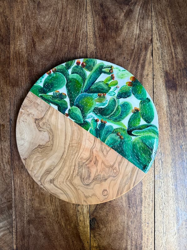 Hand Painted Prickly Pear Cactus Il-Bajtra Tax-Xewk Charcuterie Olive Wood Round Board 25cm approx