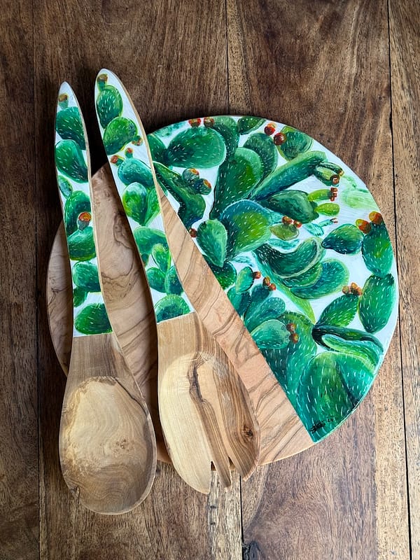 Painted Hand Painted Prickly Pear Cactus Olive Wood Salad Utensils - Image 2