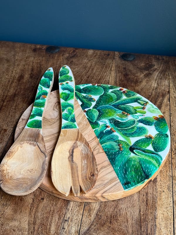 Painted Hand Painted Prickly Pear Cactus Olive Wood Salad Utensils - Image 3