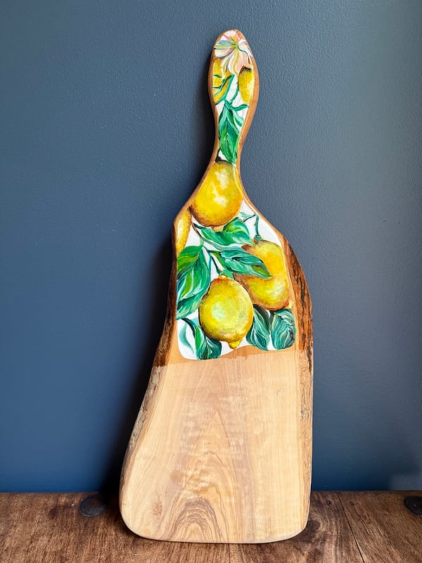 Lemons Hand Painted Lemons Charcuterie Handmade Top Grain Rustic Edge Olive Wood Board 45cm approx