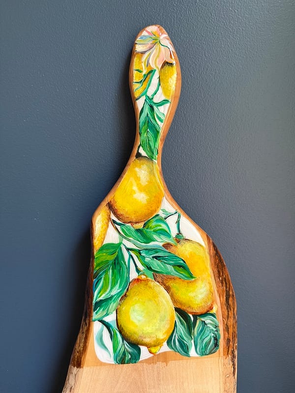 Lemons Hand Painted Lemons Charcuterie Handmade Top Grain Rustic Edge Olive Wood Board 45cm approx - Image 2