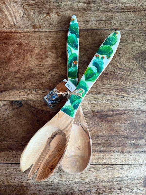 Painted Hand Painted Prickly Pear Cactus Olive Wood Salad Utensils