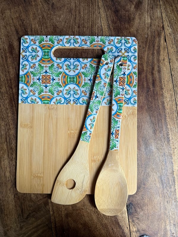 Nanna Blue and Green Tile Painted Effect Charcuterie Bamboo Slim Wood Board 30.5x23x1 cm  (Utensils not included) - Image 2