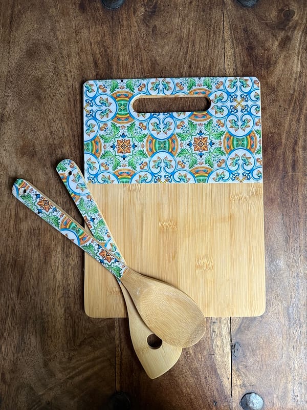 Nanna Blue and Green Tile Painted Effect Charcuterie Bamboo Slim Wood Board 30.5x23x1 cm  (Utensils not included)