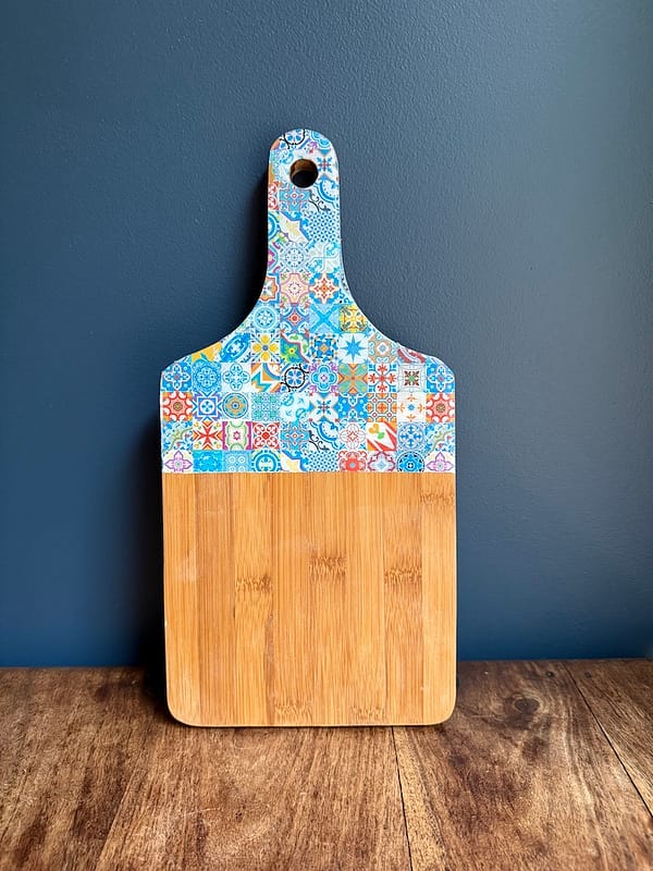 Bright Blue Mix Tile Painted Effect Charcuterie Bamboo Thick Paddle Wood Board H2 x W18 x D35cm