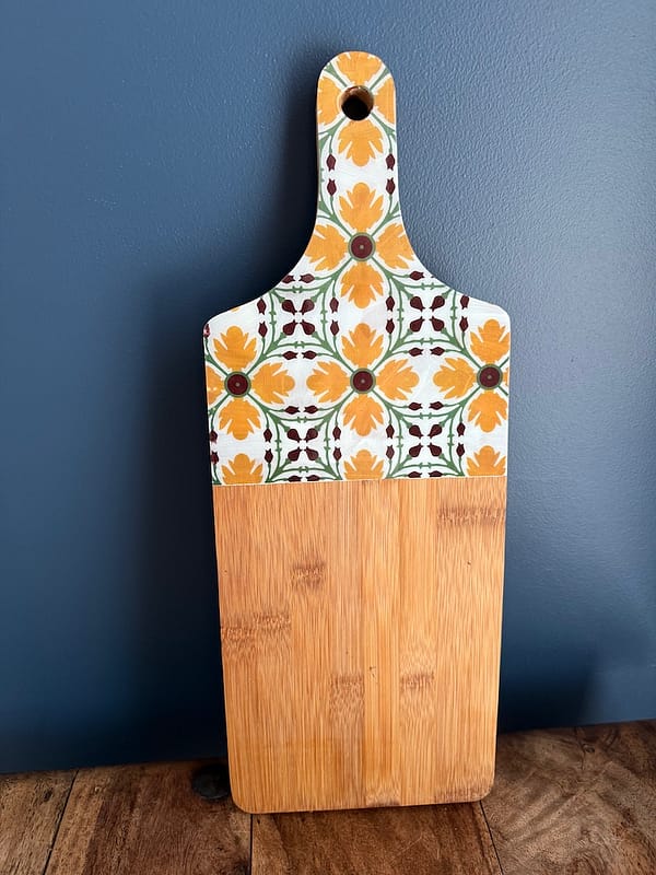 Yellow Flower Tile Painted Effect Charcuterie Bamboo Thick Paddle Wood Board H2 x W18 x D45cm