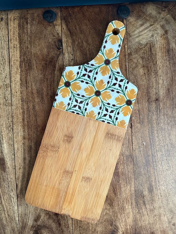 Yellow Flower Tile Painted Effect Charcuterie Bamboo Thick Paddle Wood Board H2 x W18 x D45cm - Image 2