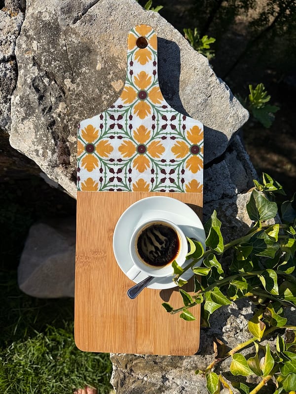 Yellow Flower Tile Painted Effect Charcuterie Bamboo Thick Paddle Wood Board H2 x W18 x D45cm - Image 3