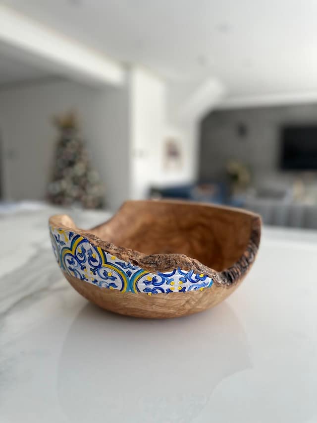 Nanna Blue Hand Painted MaltaTile Olive Wood Salad Bowl Christmas, Mothers Day Fathers Day Wedding Gift - Image 14
