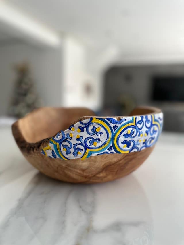 Nanna Blue Hand Painted MaltaTile Olive Wood Salad Bowl Christmas, Mothers Day Fathers Day Wedding Gift