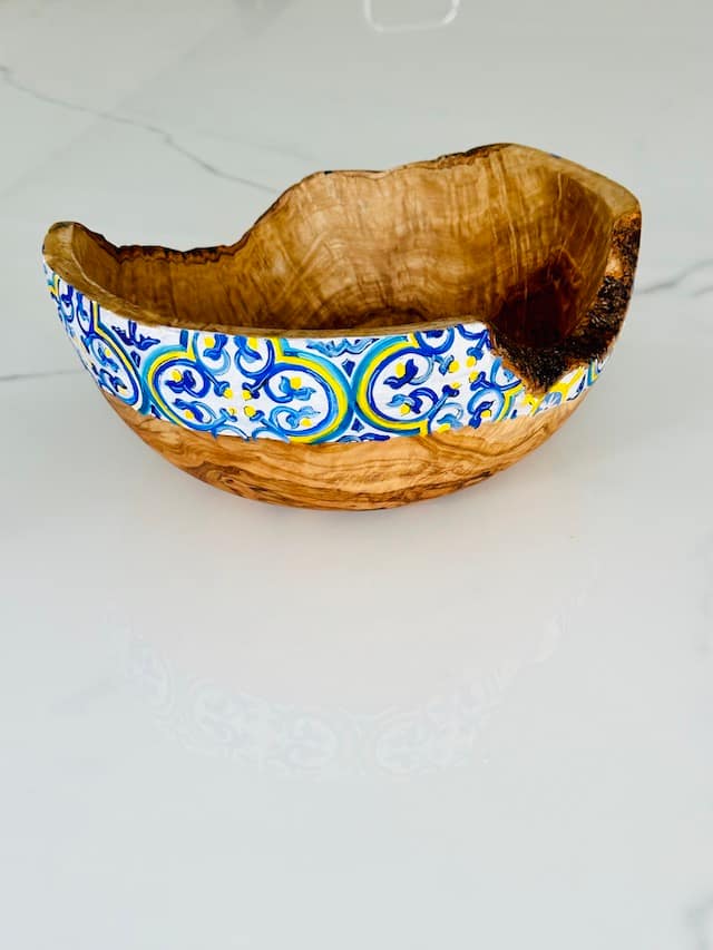 Nanna Blue Hand Painted MaltaTile Olive Wood Salad Bowl Christmas, Mothers Day Fathers Day Wedding Gift - Image 3