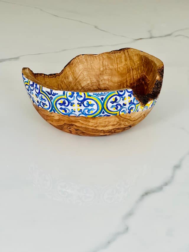 Nanna Blue Hand Painted MaltaTile Olive Wood Salad Bowl Christmas, Mothers Day Fathers Day Wedding Gift - Image 11