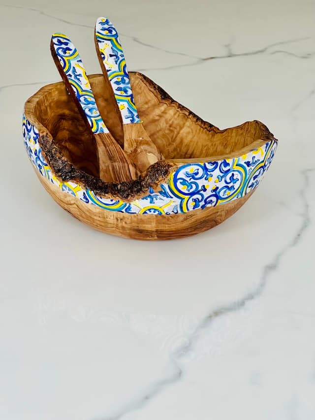 Nanna Blue Hand Painted MaltaTile Olive Wood Salad Bowl Christmas, Mothers Day Fathers Day Wedding Gift - Image 13