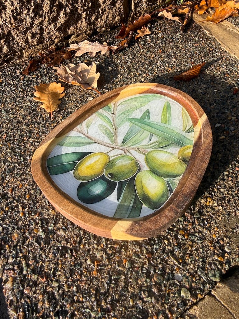 Olive Branch painted effect Charcuterie Mini Acacia Droplet Tray 16x13 cm approx - Image 9