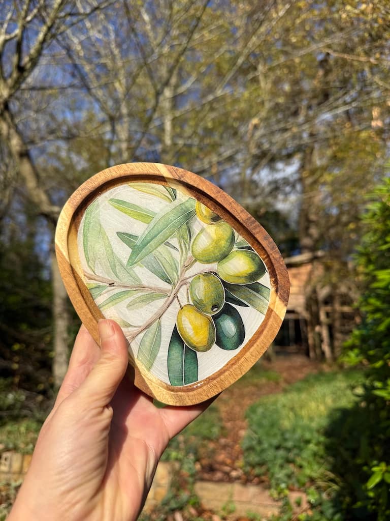 Olive Branch painted effect Charcuterie Mini Acacia Droplet Tray 16x13 cm approx - Image 2