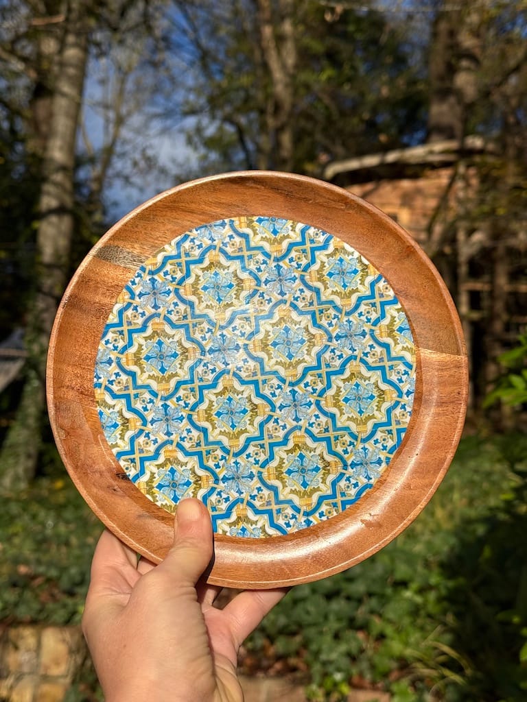 Portuguese Green Yellow and Blue Tile effect Acacia Plate 16cm One