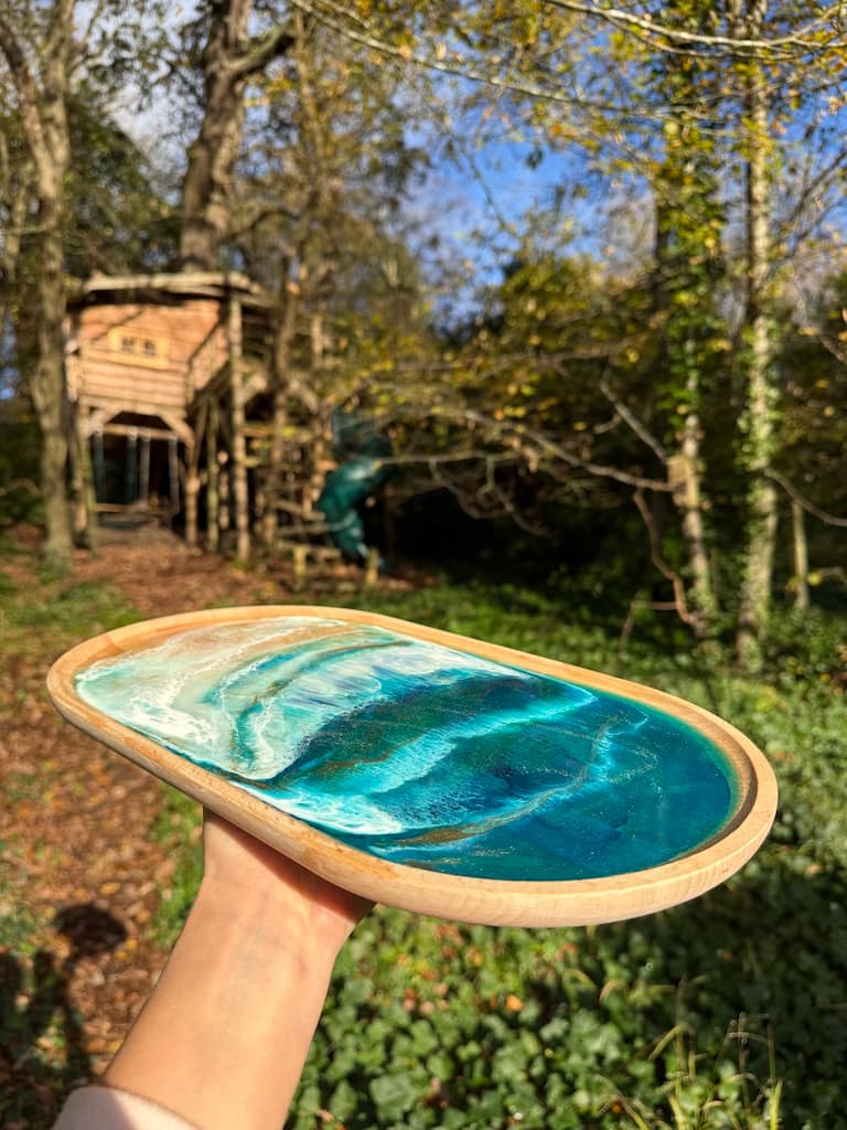 Wave Blue Painted Wave Beech Wood Oval Tray 35x20cm - Image 2