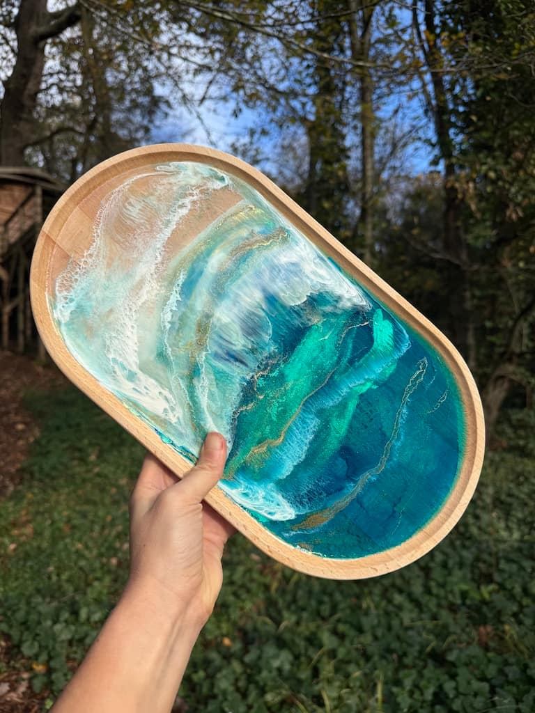 Wave Blue Painted Wave Beech Wood Oval Tray 35x20cm - Image 3