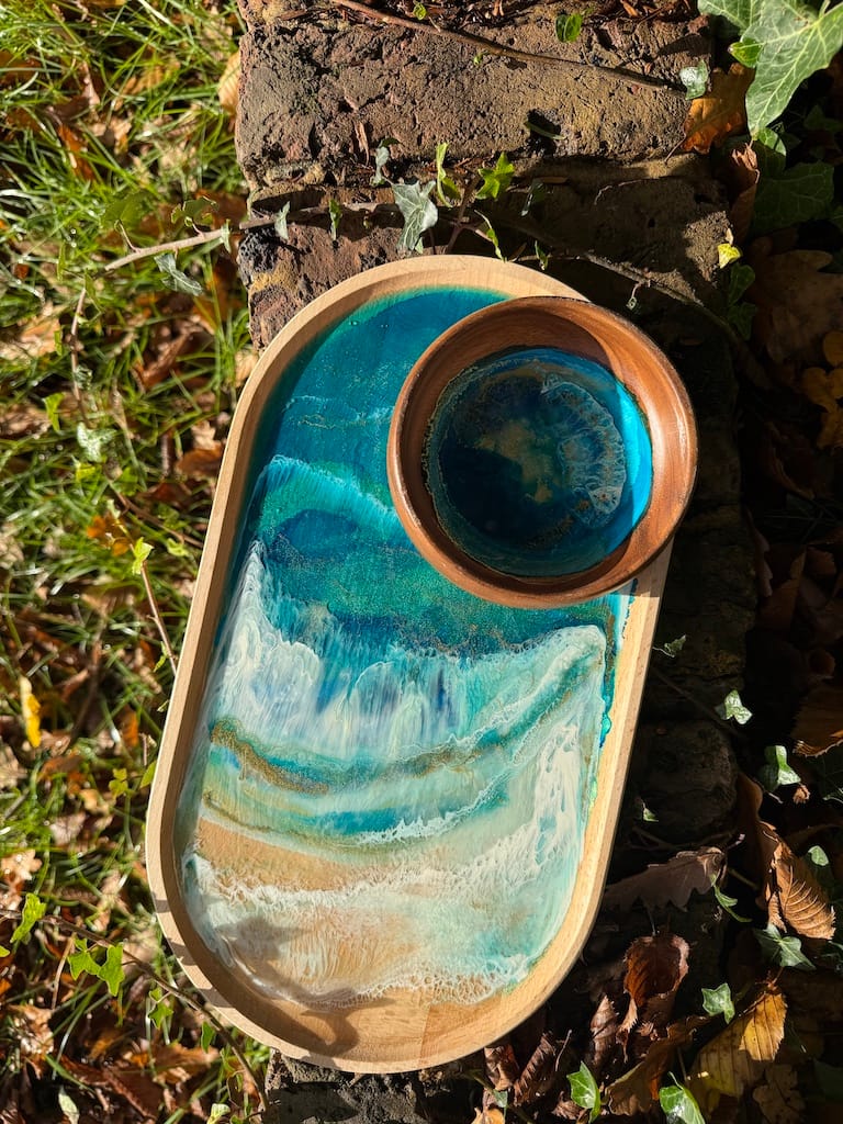 Wave Blue Painted Wave Beech Wood Oval Tray 35x20cm - Image 4