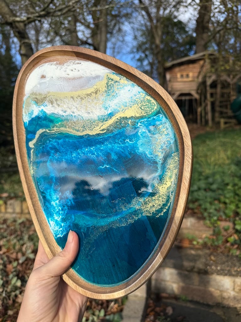 Wave Blue Painted Wave Acacia Wood Droplet Tray 33x19cm - Image 2