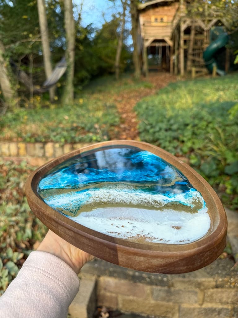 Wave Blue Painted Wave Acacia Wood Droplet Tray 33x19cm - Image 3
