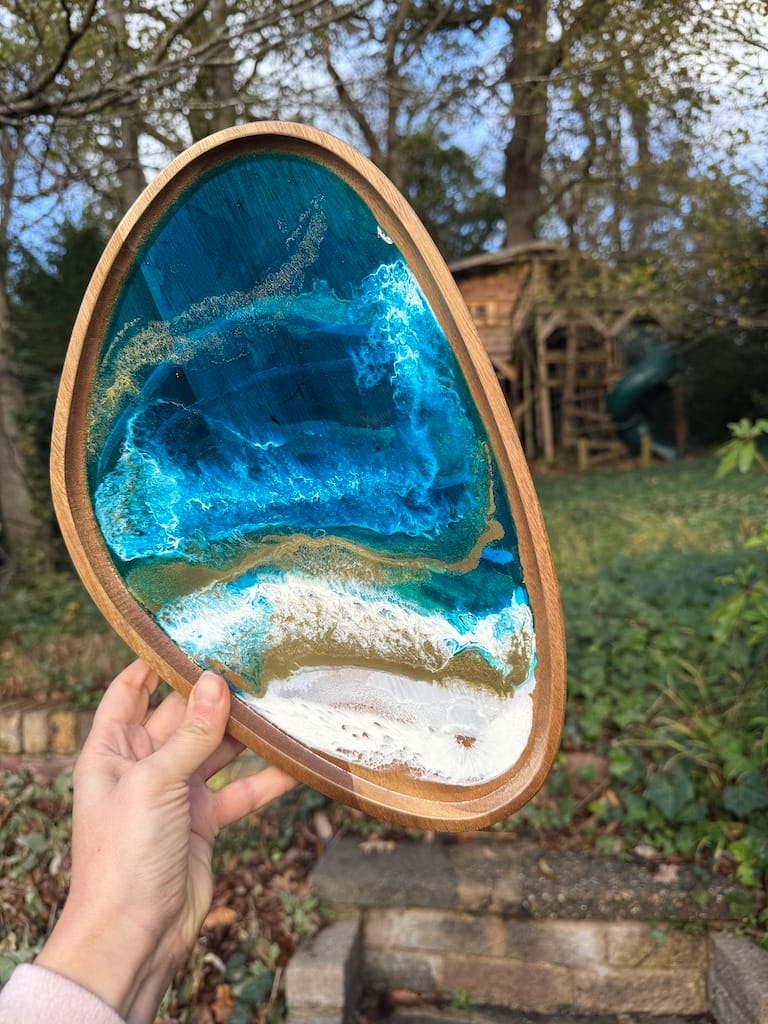 Wave Blue Painted Wave Acacia Wood Droplet Tray 33x19cm